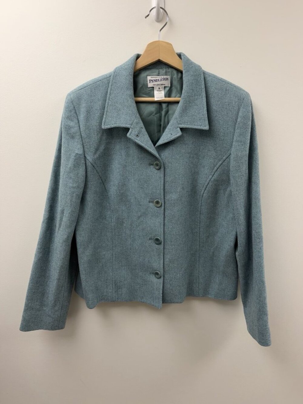 VTG Pendleton Blue Herringbone Wool Blazer Jacket Lambswool Tweed Lined Sz 16
